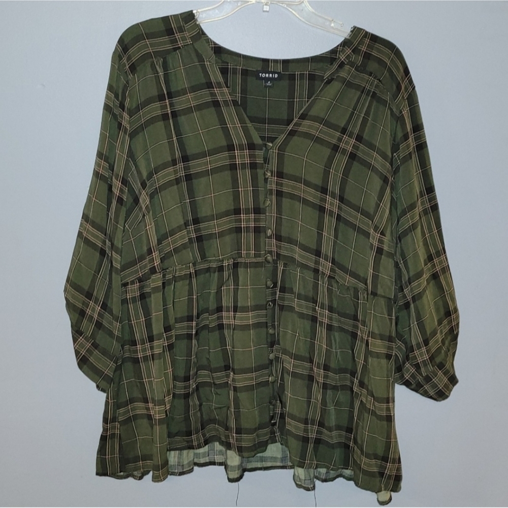 TORRID Green Plaid Button Front Blouse